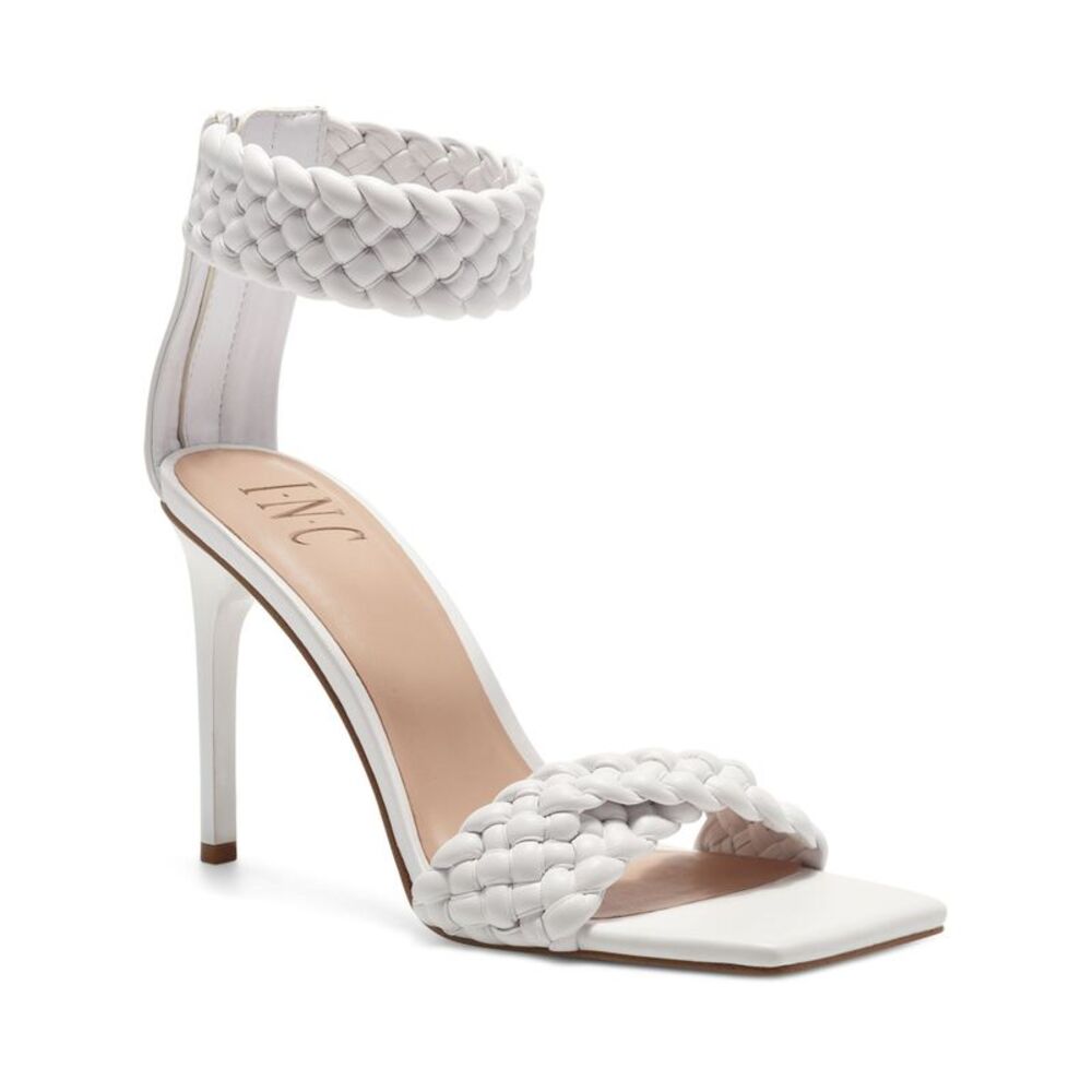 INC Womens White Padded Woven Adalie Square Toe Stiletto Heeled Sandal 10.5 M